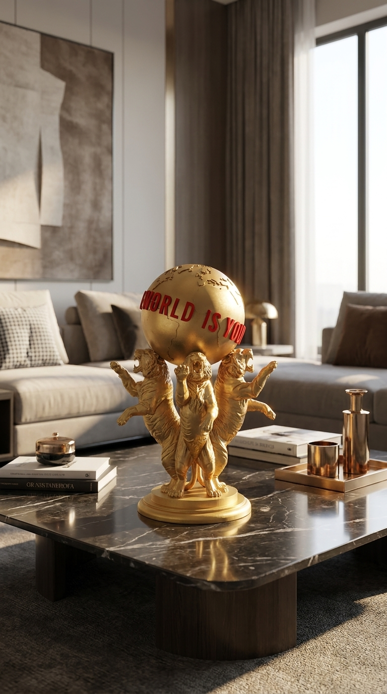 Scarface The World Is Yours Statue, Tony Montana Tiger Figure, Movie Decor Gold Chrome