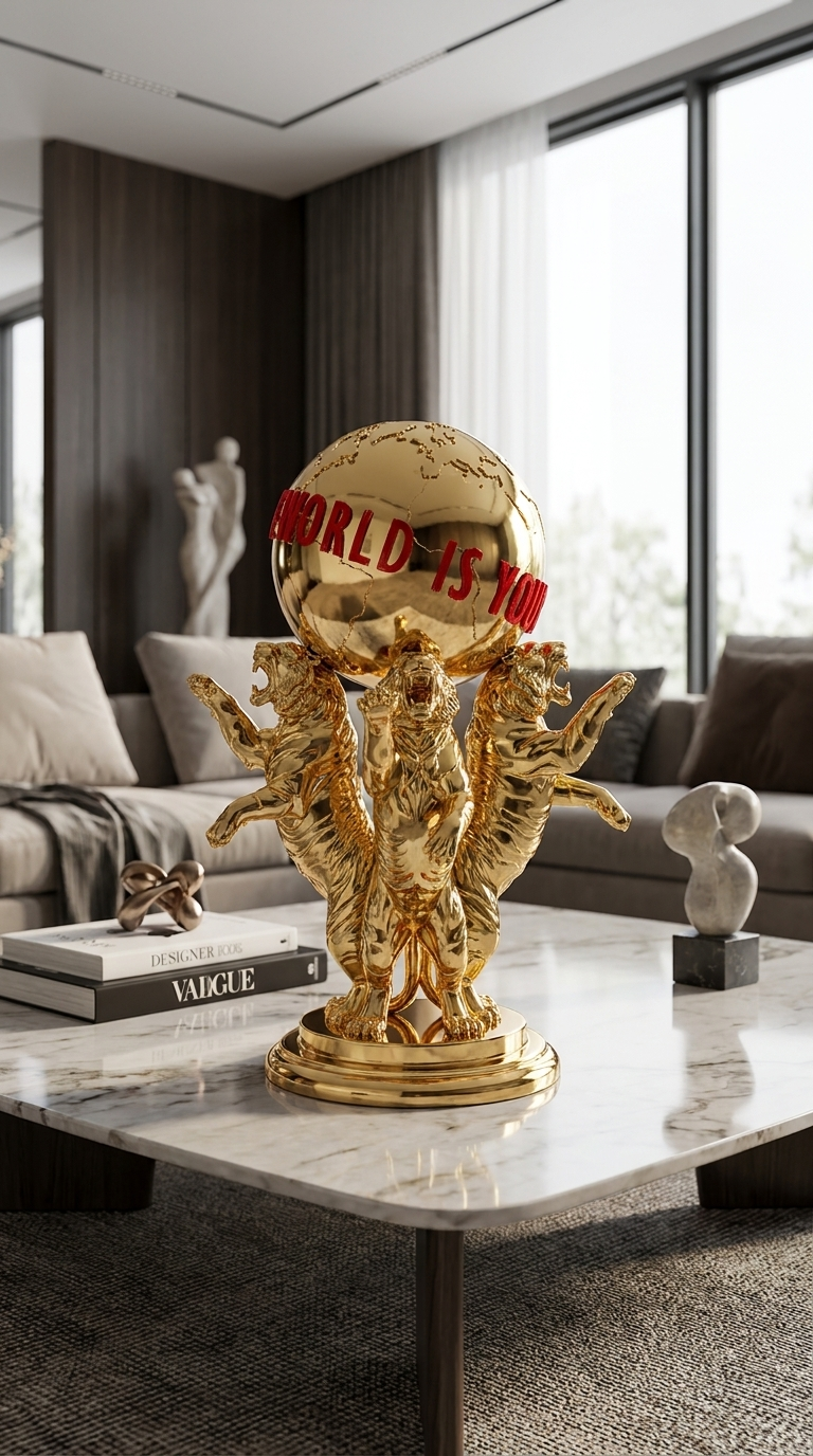 Scarface The World Is Yours Statue, Tony Montana Tiger Figure, Movie Decor Gold Chrome