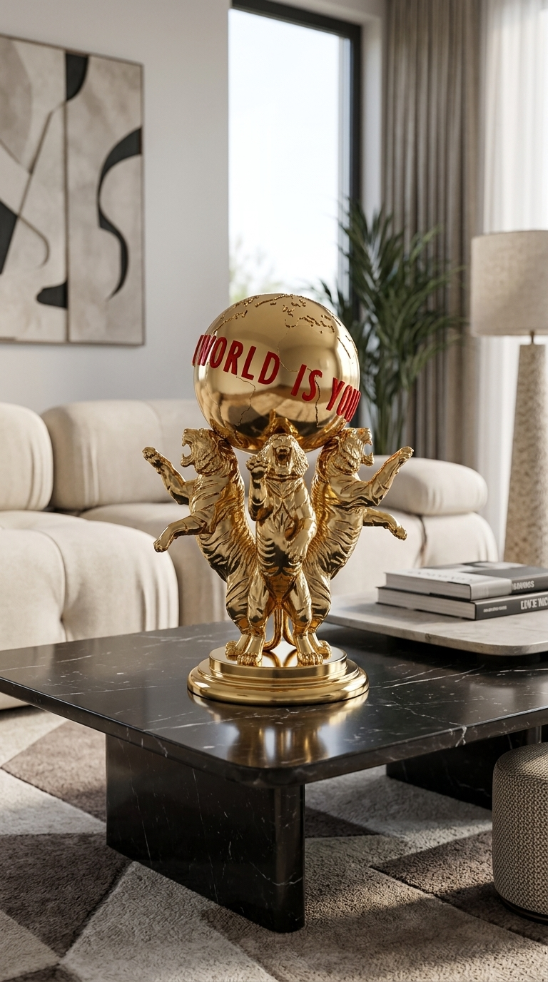 Scarface The World Is Yours Statue, Tony Montana Tiger Figure, Movie Decor Gold Chrome