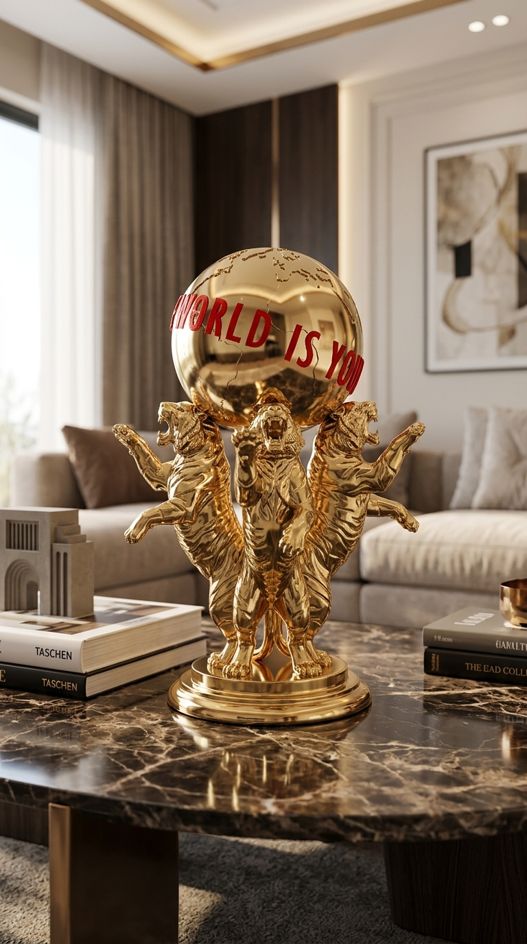 Scarface The World Is Yours Statue, Tony Montana Tiger Figure, Movie Decor Gold Chrome