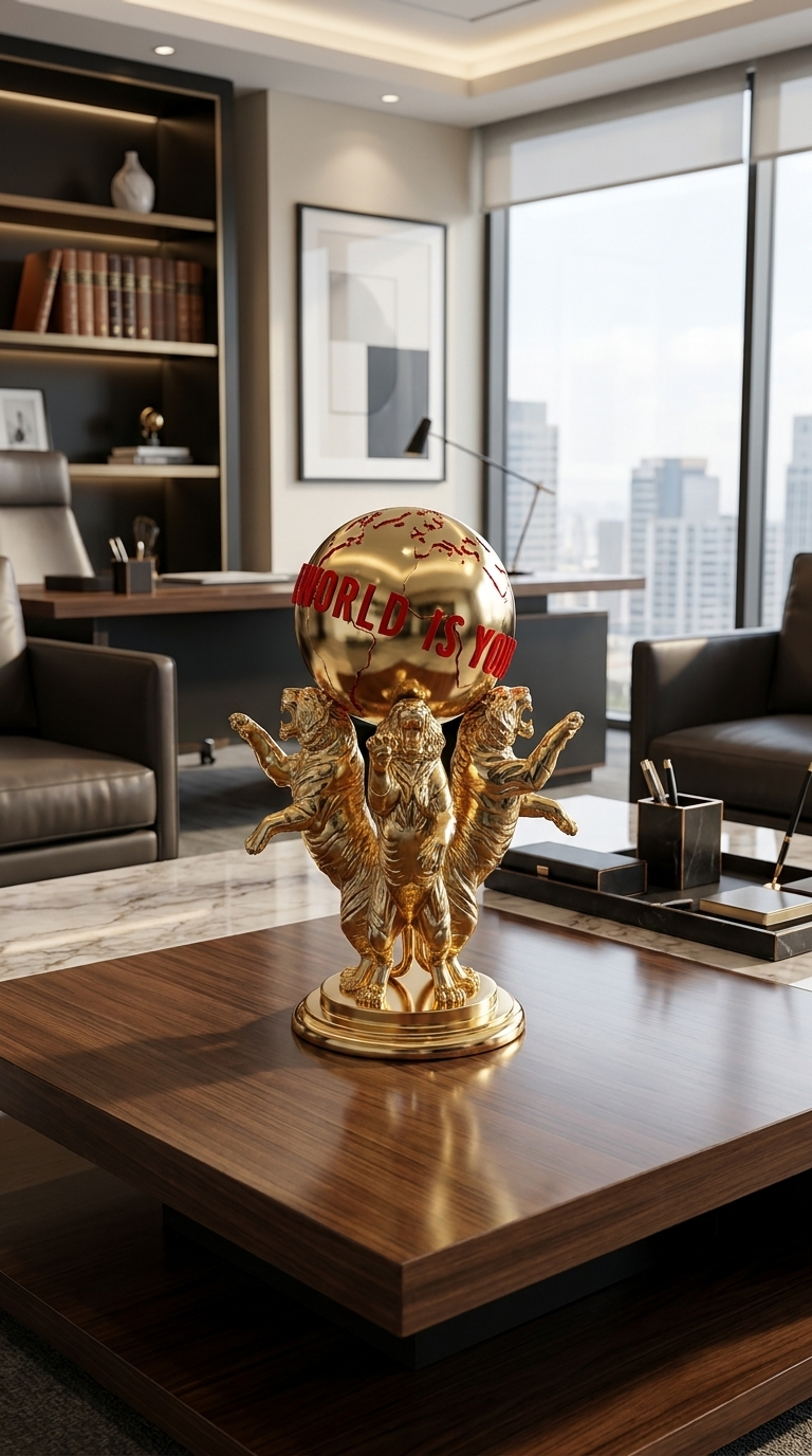 Scarface The World Is Yours Statue, Tony Montana Tiger Figure, Movie Decor Gold Chrome
