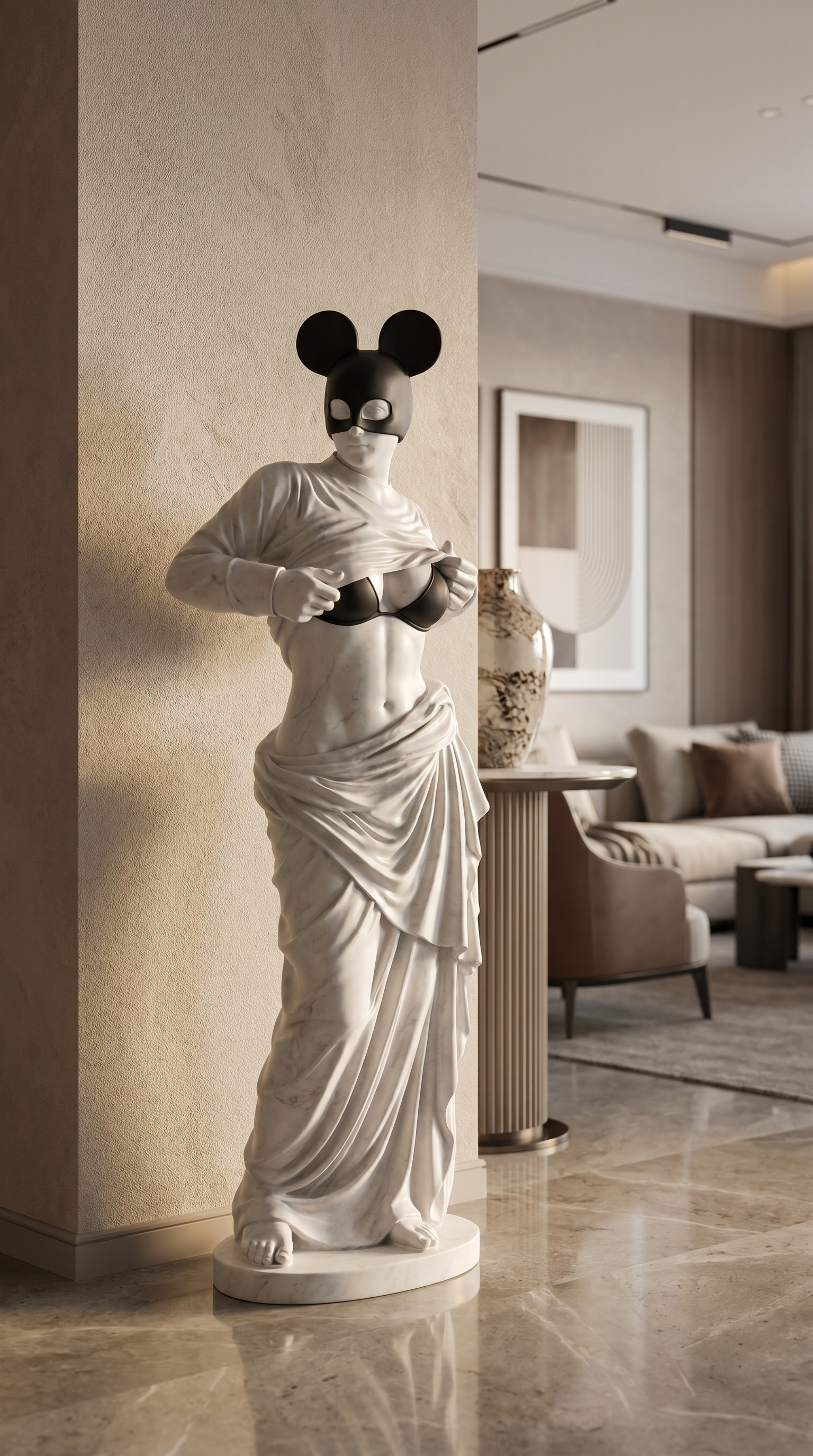 Modern Venus Statue With Black Mouse Mask, Luxury Marble Sculpture, Pop Art Goddess Decor For Entryway Living Room Interior