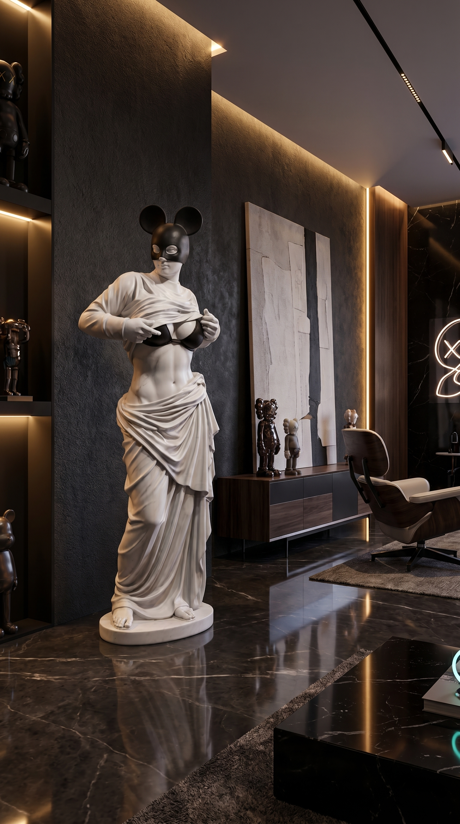 Modern Venus Statue With Black Mouse Mask, Luxury Marble Sculpture, Pop Art Goddess Decor For Entryway Living Room Interior