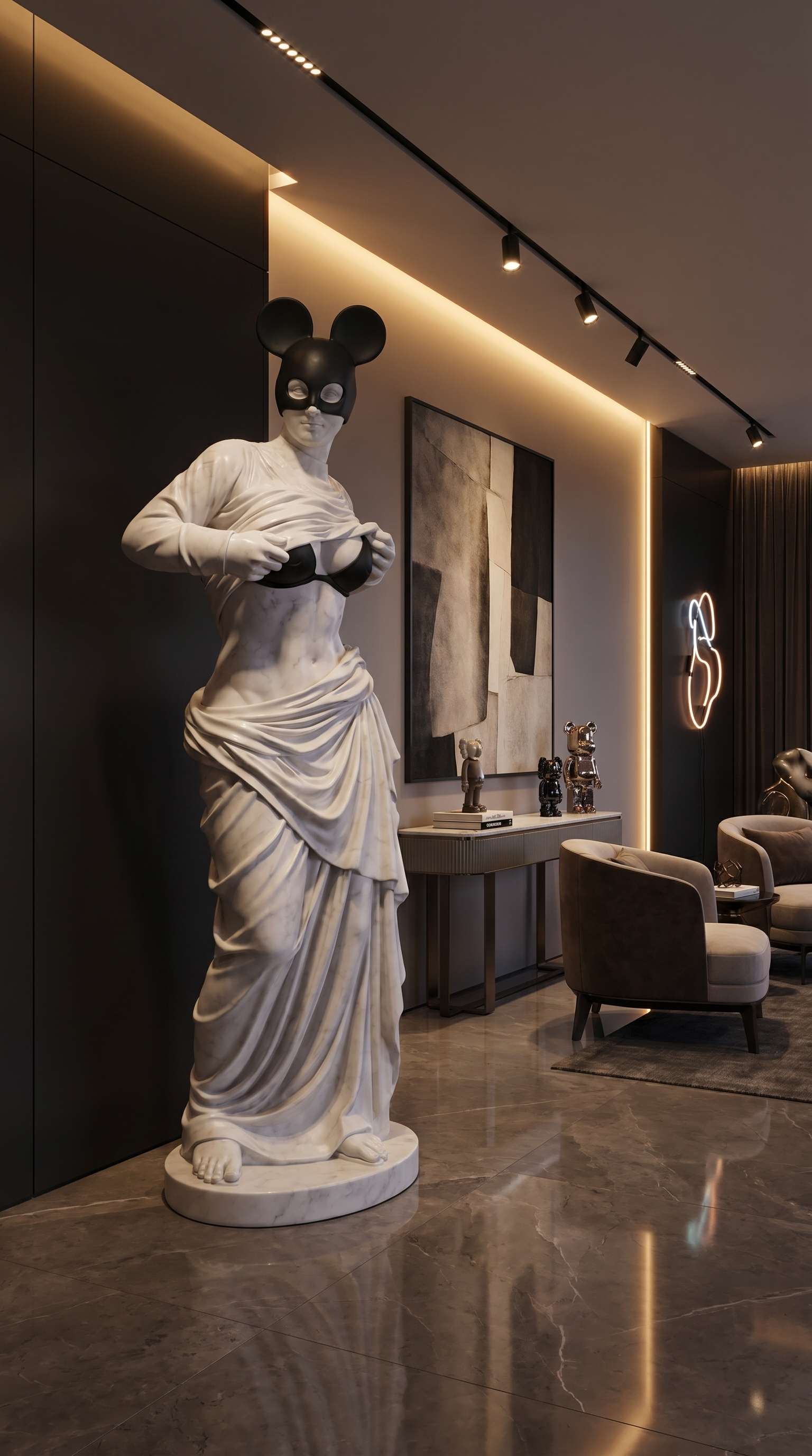 Modern Venus Statue With Black Mouse Mask, Luxury Marble Sculpture, Pop Art Goddess Decor For Entryway Living Room Interior