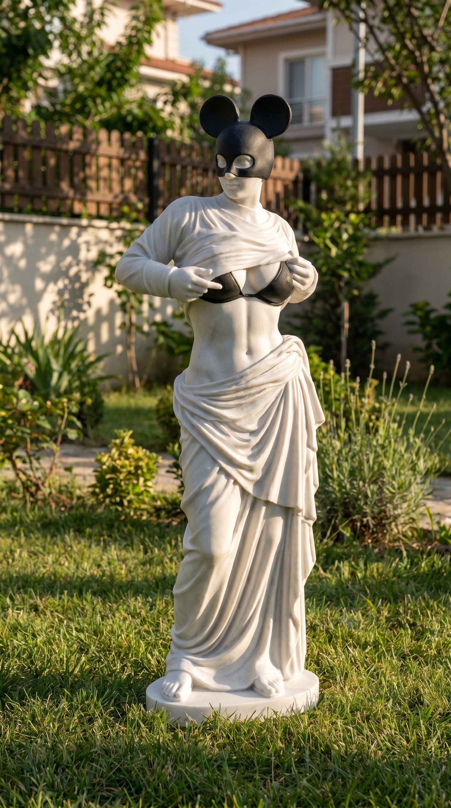 Modern Venus Statue With Black Mouse Mask, Luxury Marble Sculpture, Pop Art Goddess Decor For Entryway Living Room Interior