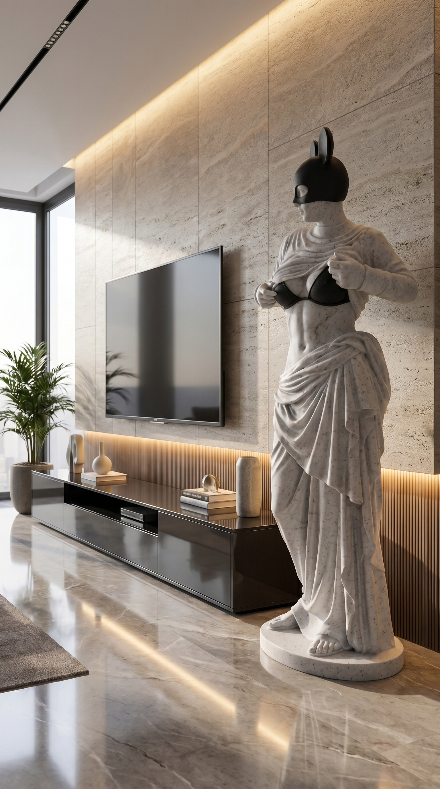 Modern Venus Statue With Black Mouse Mask, Luxury Marble Sculpture, Pop Art Goddess Decor For Entryway Living Room Interior