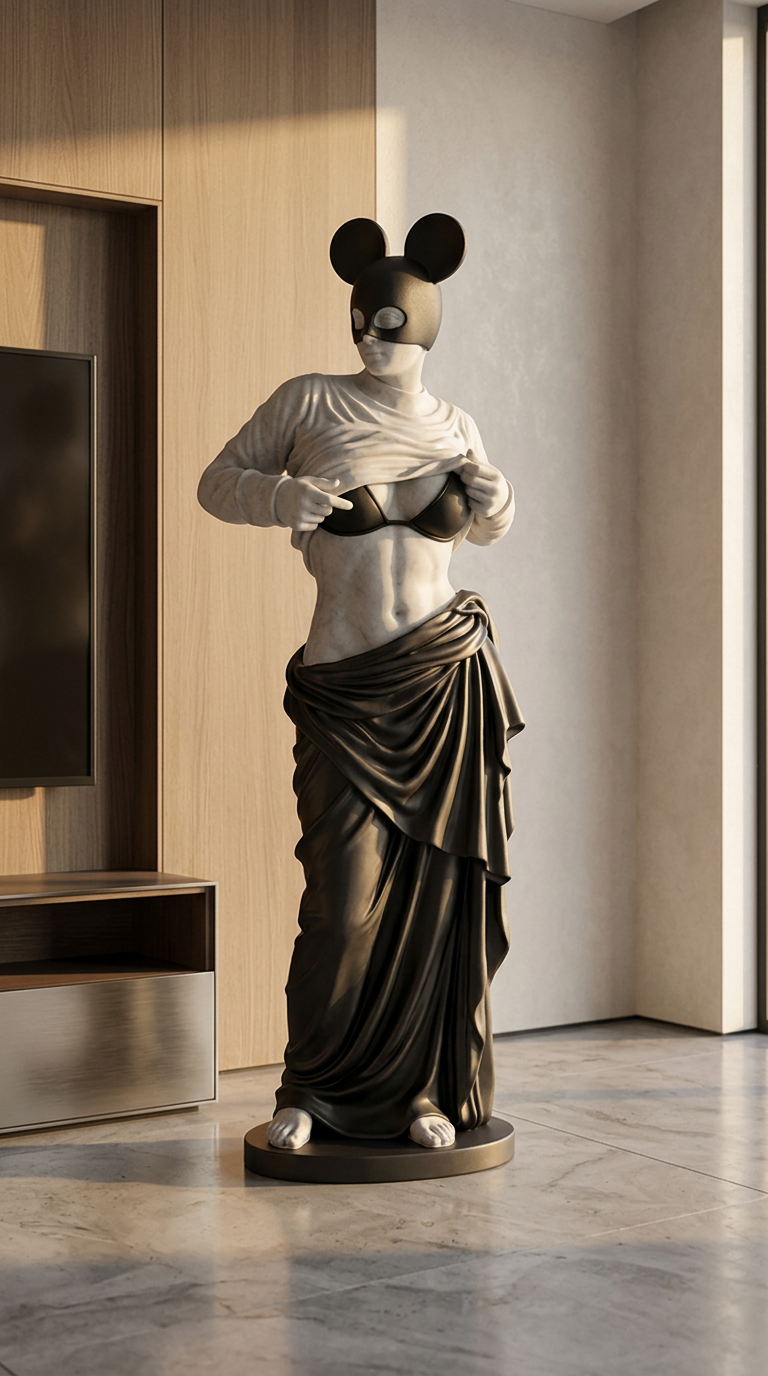 Modern Venus Statue With Black Mouse Mask, Luxury Marble Sculpture, Pop Art Goddess Decor For Entryway Living Room Interior