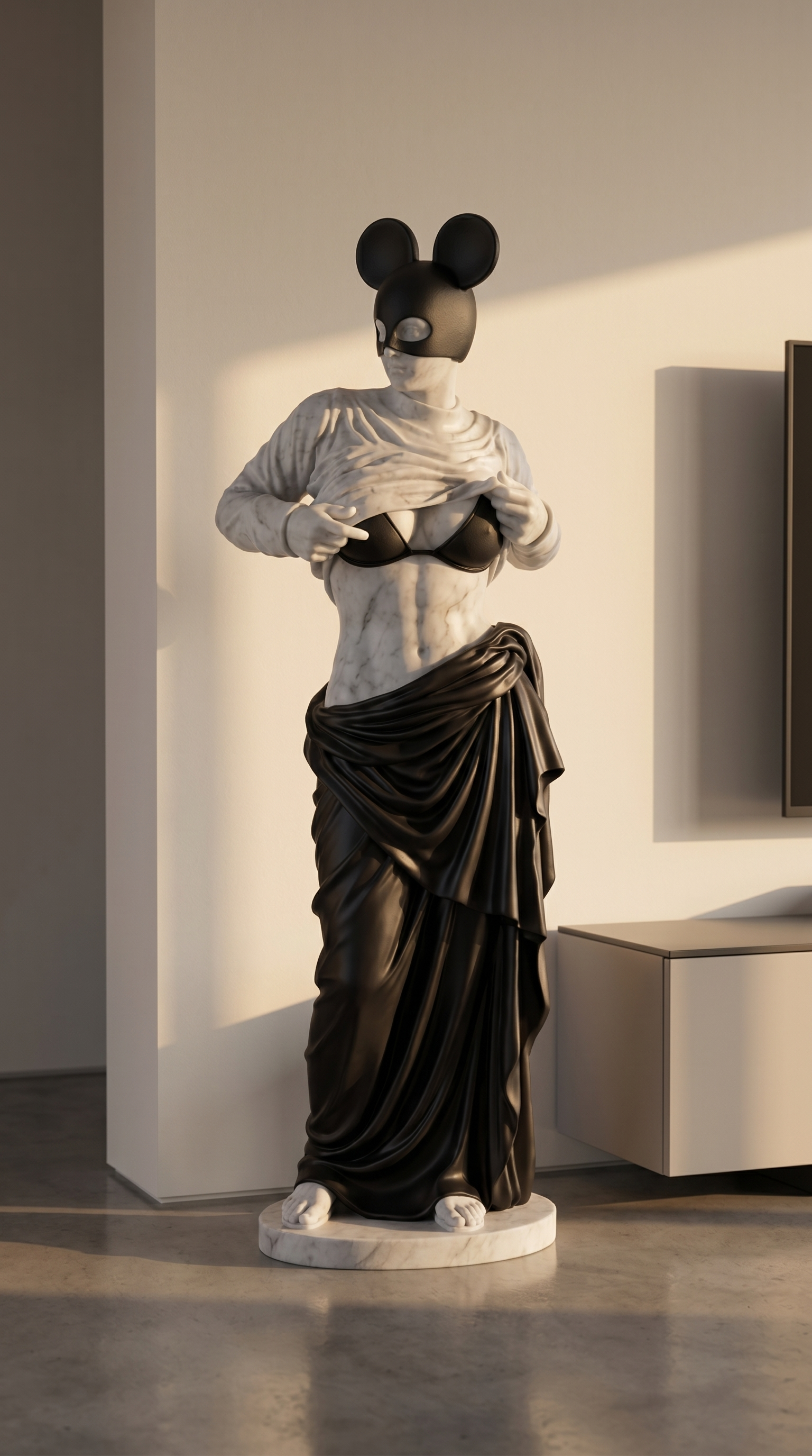 Modern Venus Statue With Black Mouse Mask, Luxury Marble Sculpture, Pop Art Goddess Decor For Entryway Living Room Interior
