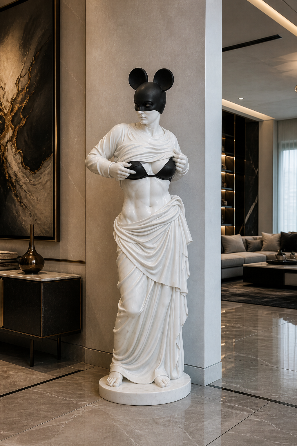 Modern Venus Statue With Black Mouse Mask, Luxury Marble Sculpture, Pop Art Goddess Decor For Entryway Living Room Interior