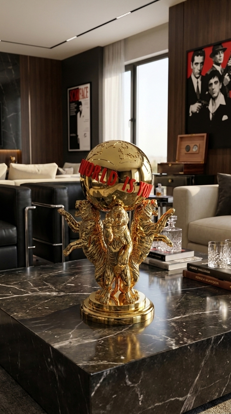 Scarface The World Is Yours Statue, Tony Montana Tiger Figure, Movie Decor Gold Chrome