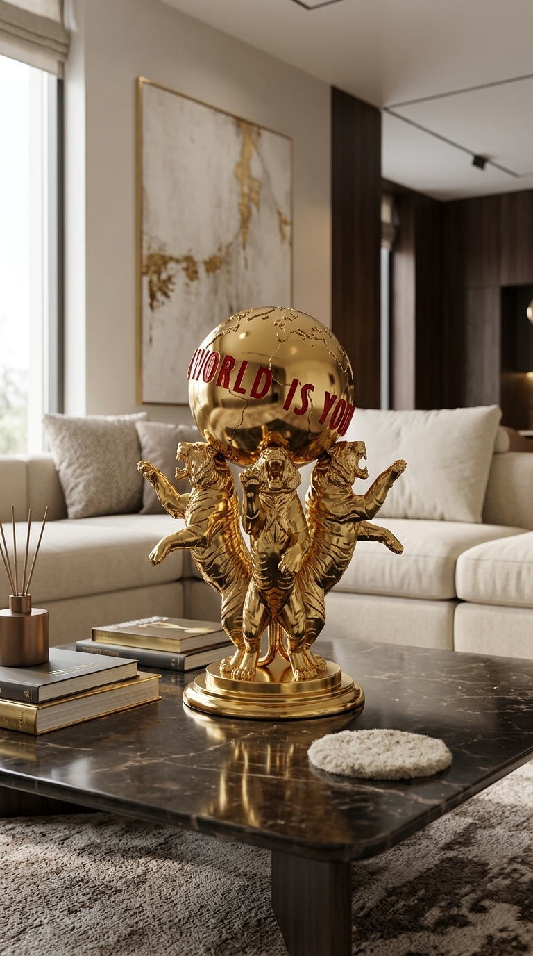 Scarface The World Is Yours Statue, Tony Montana Tiger Figure, Movie Decor Gold Chrome