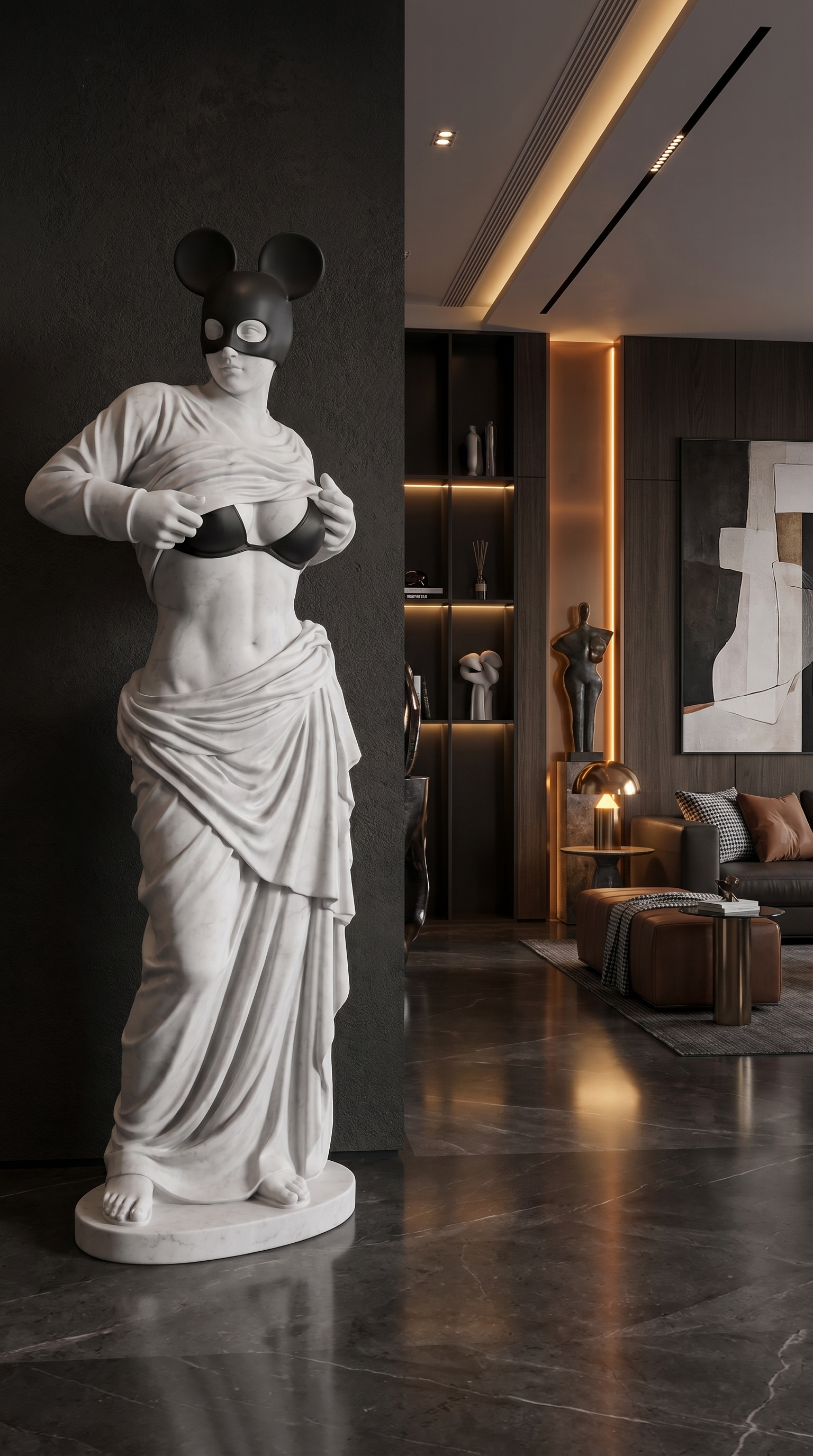 Modern Venus Statue With Black Mouse Mask, Luxury Marble Sculpture, Pop Art Goddess Decor For Entryway Living Room Interior