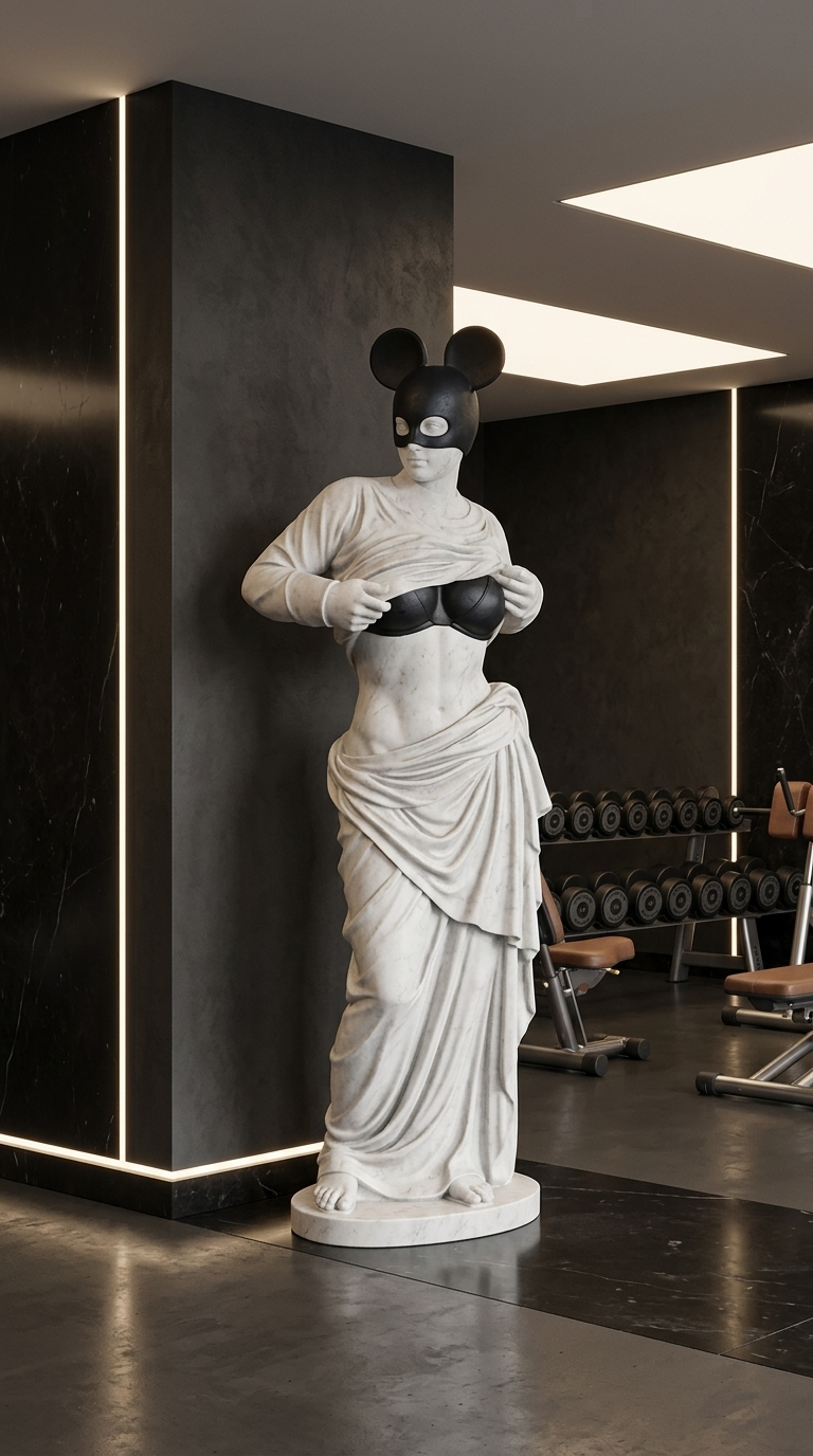 Modern Venus Statue With Black Mouse Mask, Luxury Marble Sculpture, Pop Art Goddess Decor For Entryway Living Room Interior