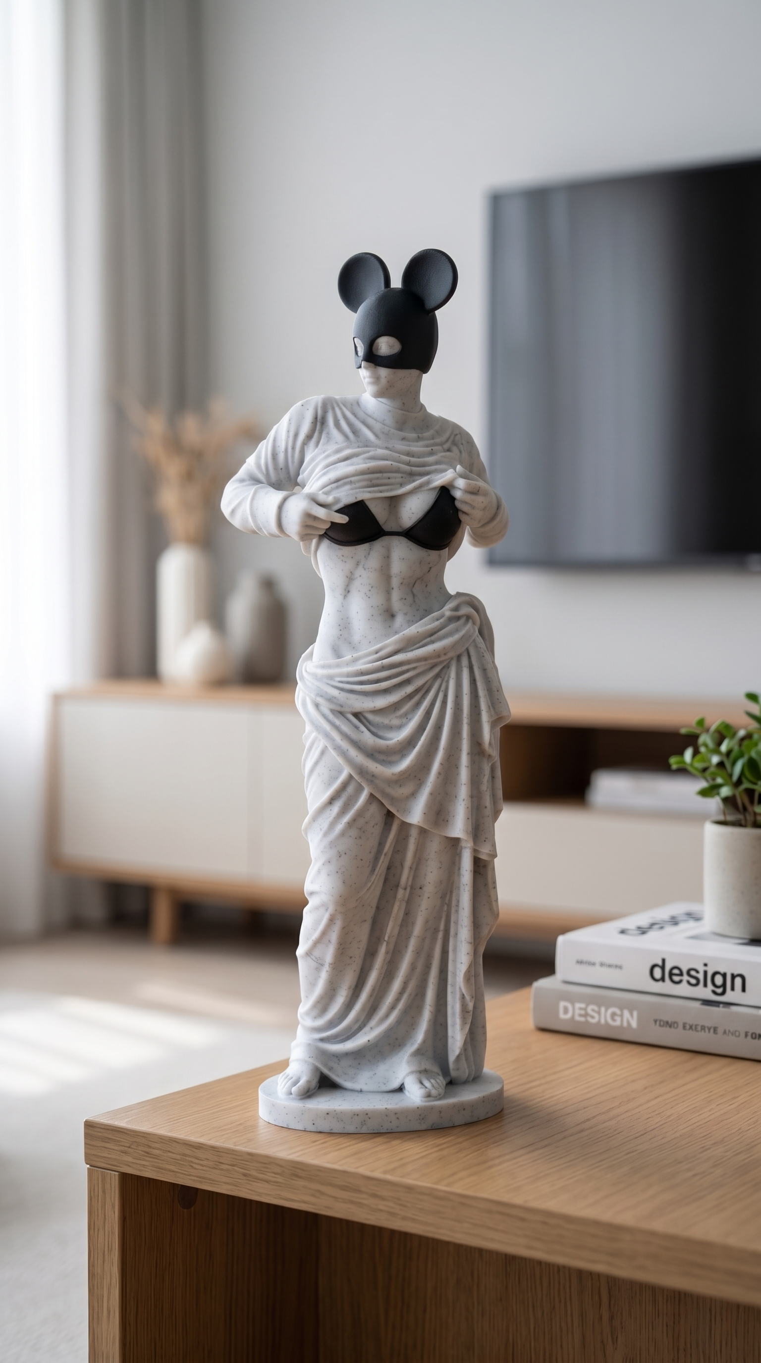 Modern Venus Statue With Black Mouse Mask, Plastic Marble Effect Figurine, Pop Art Goddess Decor For TV Unit Shelf Home