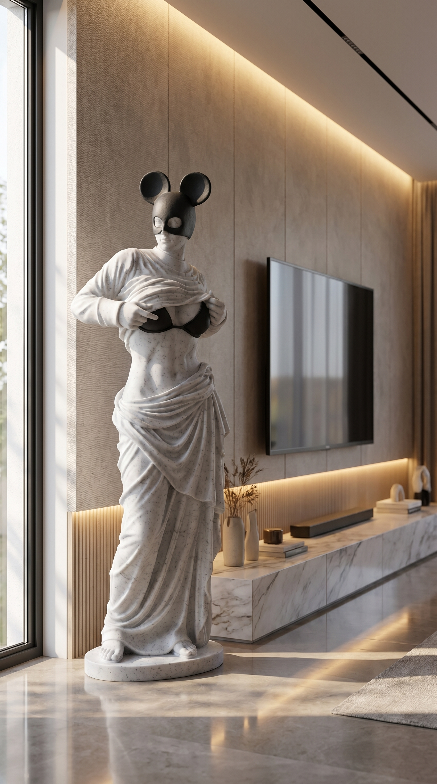 Modern Venus Statue With Black Mouse Mask, Luxury Marble Sculpture, Pop Art Goddess Decor For Entryway Living Room Interior