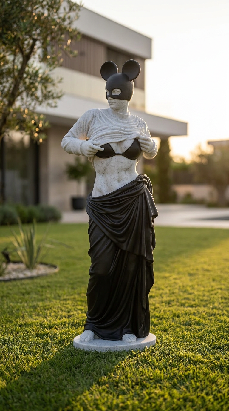 Modern Venus Statue With Black Mouse Mask, Luxury Marble Sculpture, Pop Art Goddess Decor For Entryway Living Room Interior