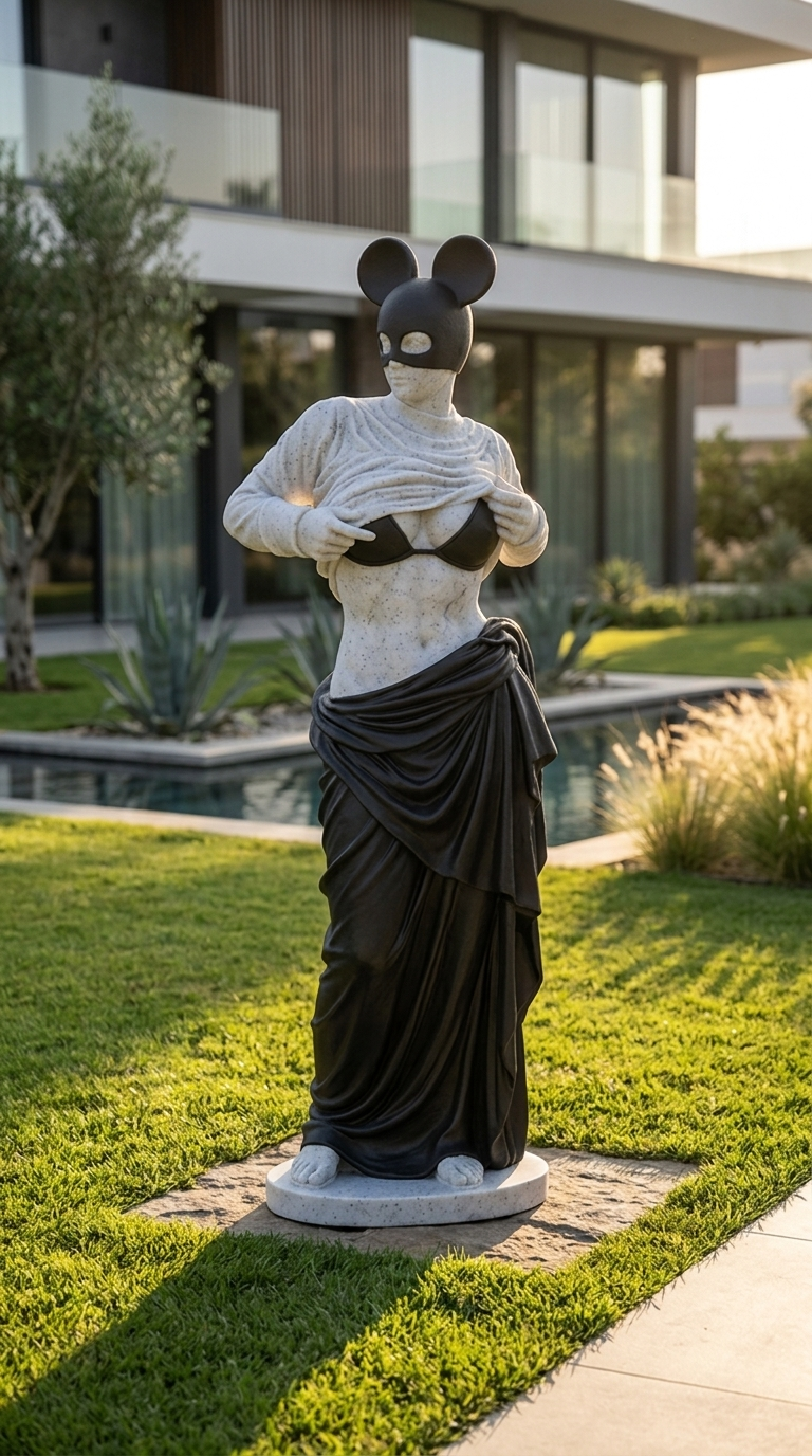 Modern Venus Statue With Black Mouse Mask, Luxury Marble Sculpture, Pop Art Goddess Decor For Entryway Living Room Interior